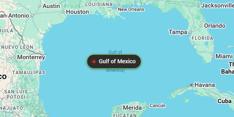 Google Maps with a dark label reading Gulf of Mexico and a red maple leaf over the Gulf