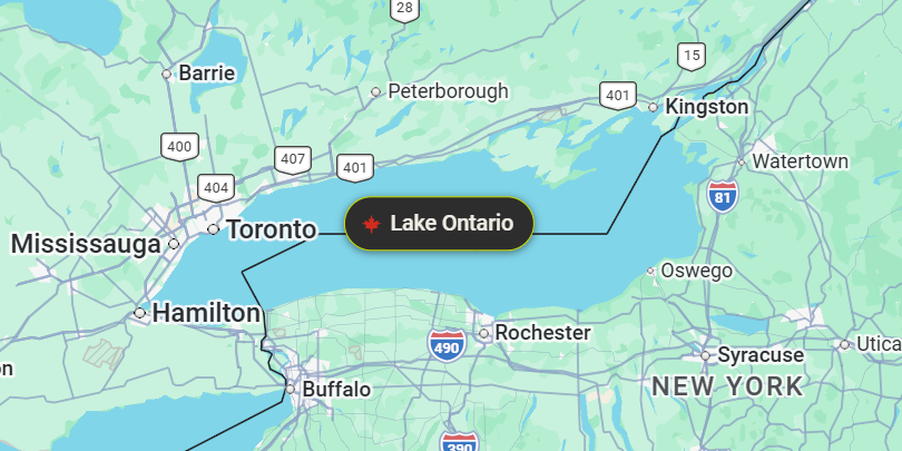 Google Maps at Lake Ontario with a dark label reading Lake Ontario and a red maple leaf