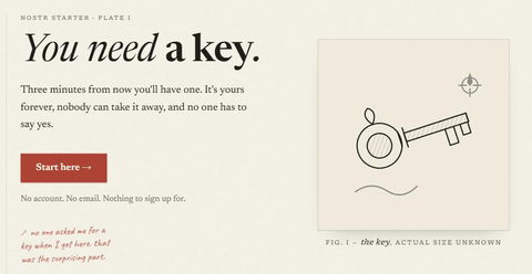Nostr Starter screenshot — laid-paper page reading You need a key, beside a pen-and-ink plate of a key